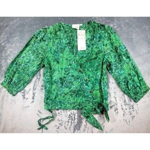 Go Fish Wrap Top W/ Button Green Floral Rayon Resort Beach Hawaiian Sz XS